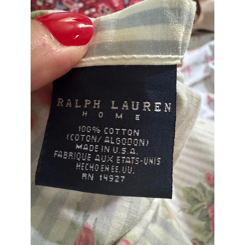 Vintage Ralph Lauren Emma Full Top Sheet White Stripe Pink Rose Floral Ruffle
